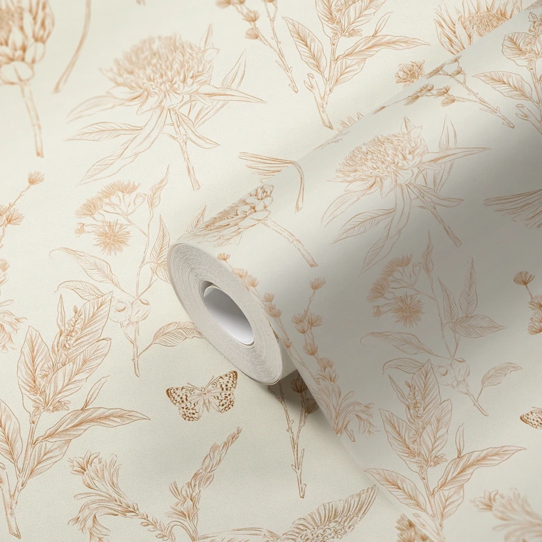 Vliestapete mit Blumen und Vögeln Weiß Braun - Tapete floral im Zeichen-Stil 