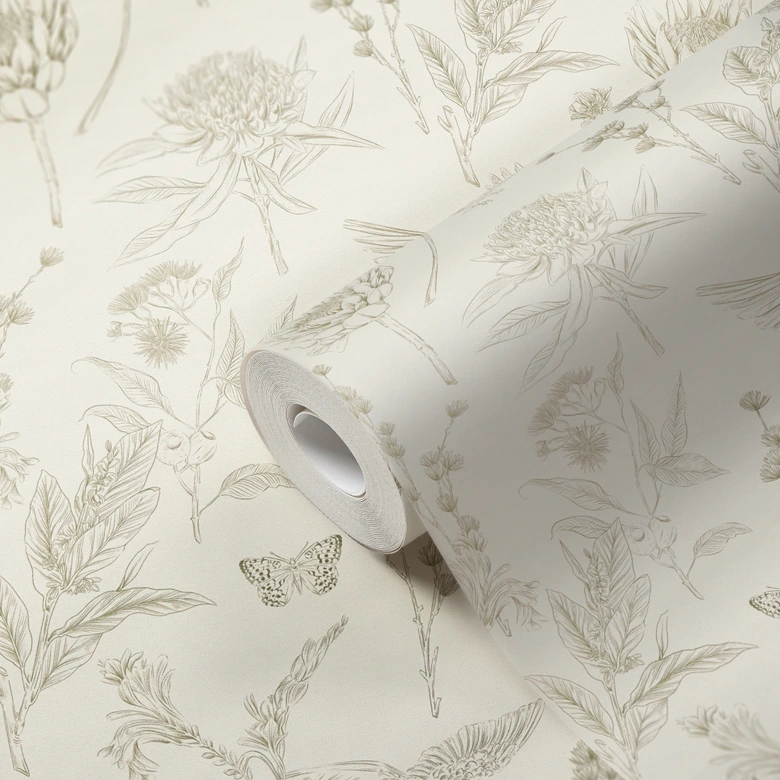 Vliestapete mit Blumen und Vögeln Weiß Grün - Tapete floral im Zeichen-Stil 