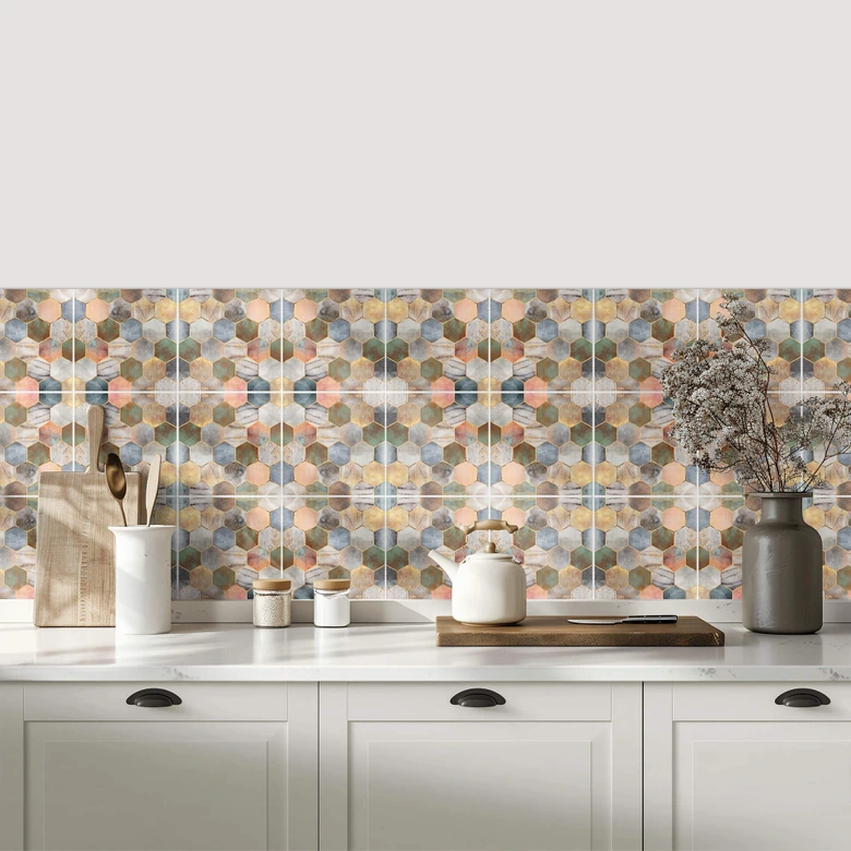 Sticker pour carrelage Fredriksson Hexagones de nacre multicolores - lot de 12 