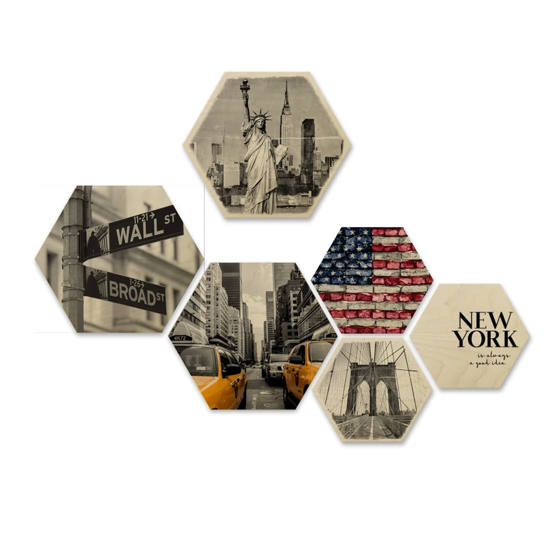 Hexagon Hout - set van 6 - New York 