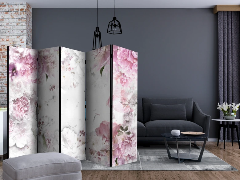 Paravent, Raumteiler freistehend, Trennwand - Tanz der Pfingstrosen , 5-teilig - 225x172 cm 