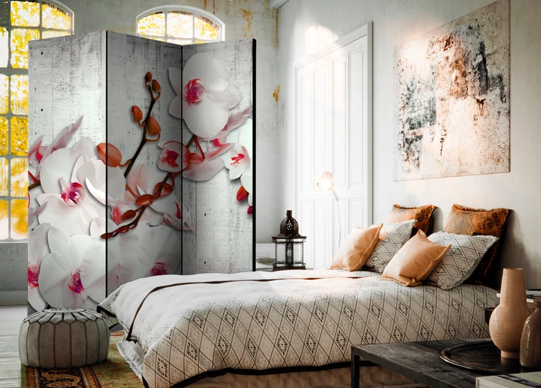 Paravent, Raumteiler freistehend, Trennwand - Konkrete Orchidee, 3-teilig - 135x172 cm 