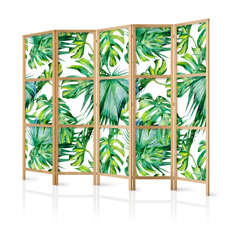 Japanischer Paravent, Raumteiler freistehend, Trennwand - Monstera und Palmblätter 