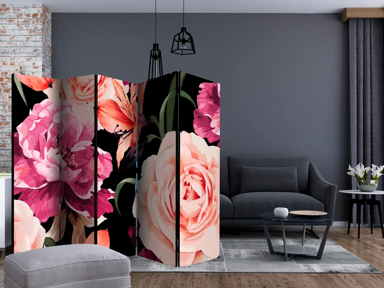 Paravent, Raumteiler freistehend, Trennwand - Liebe Rosenstrauß , 5-teilig - 225x172 cm 