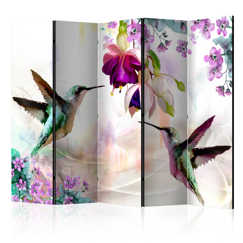 Paravent Séparation de pièce - Colibris et fleurs, 3 pièces 
