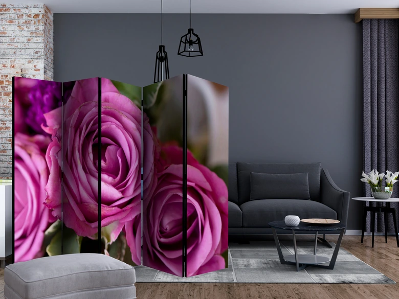 Paravent, Raumteiler freistehend, Trennwand - Lilienblüten Strauß , 5-teilig - 225x172 cm 