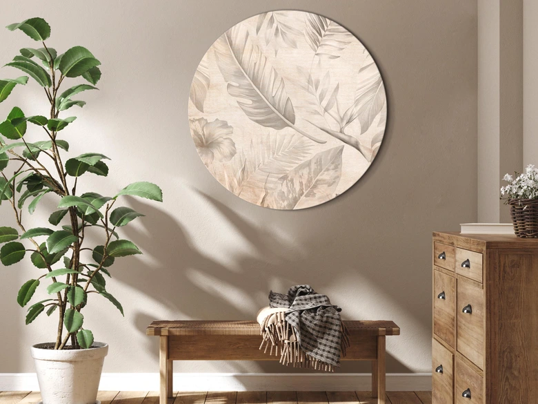 Rundes Leinwandbild Eine Vielzahl exotischer Blätter und Blumen - Tropen in Sepia 