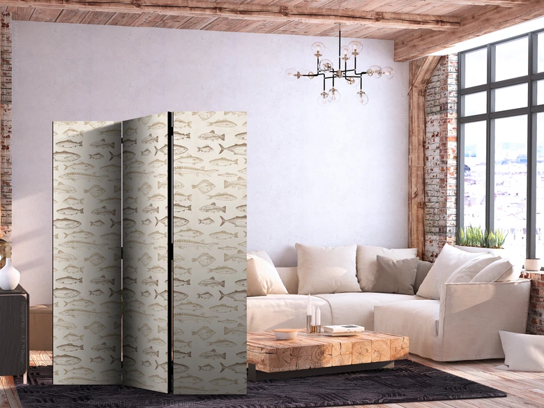 Paravent, Raumteiler freistehend, Trennwand - Fish in Beige Tones Presented in Vintage Style 