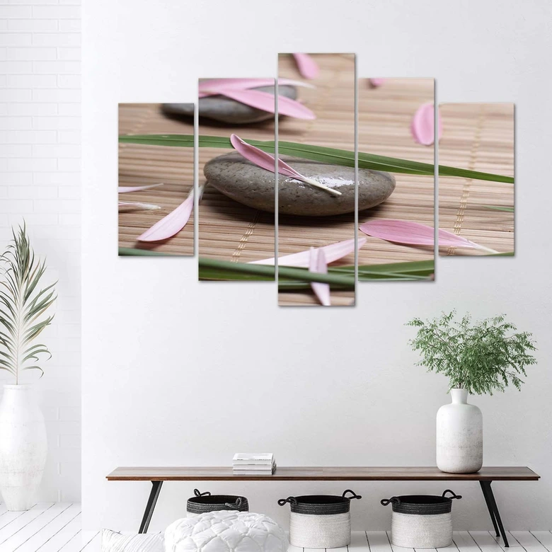 Leinwandbild 5 teilig, Stein-Zen-Blumen 