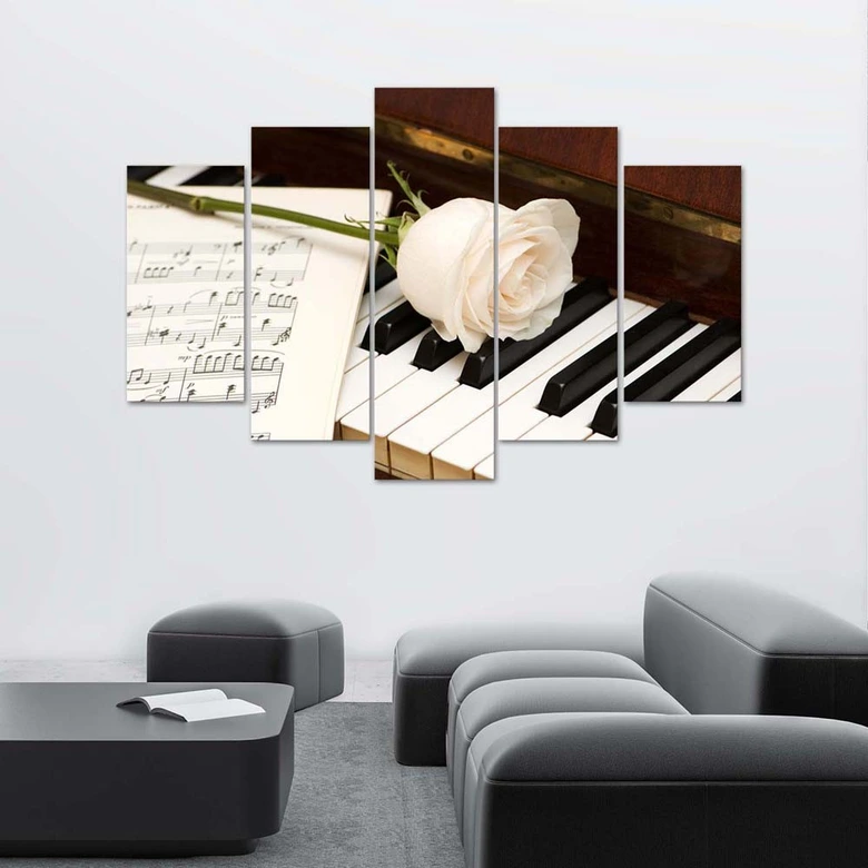 Leinwandbild 5 teilig, Rose Klaviernoten 