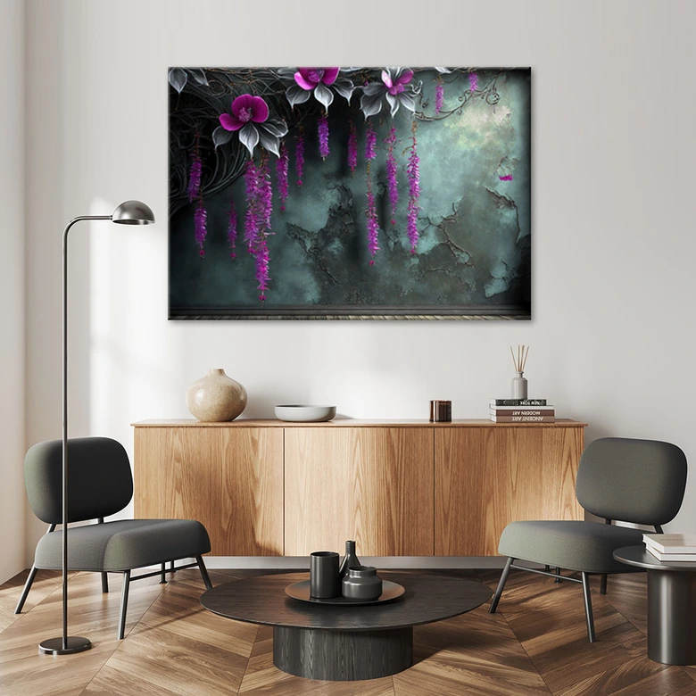 Canvas schilderij, Hangende paarse bloemen op een betonnen achtergrond 