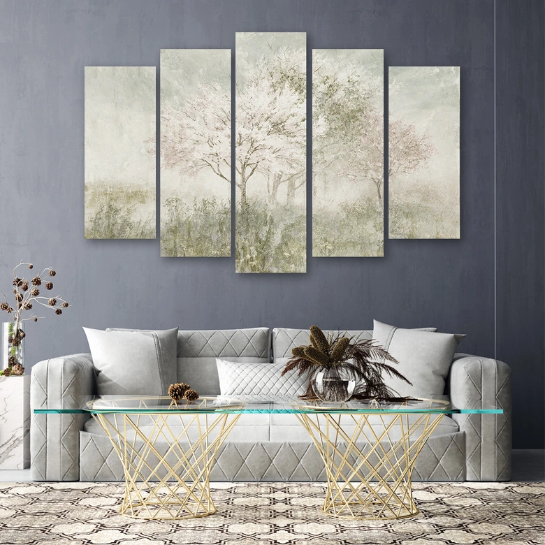 5-delige canvasprint, een bloeiende boom in de wei 