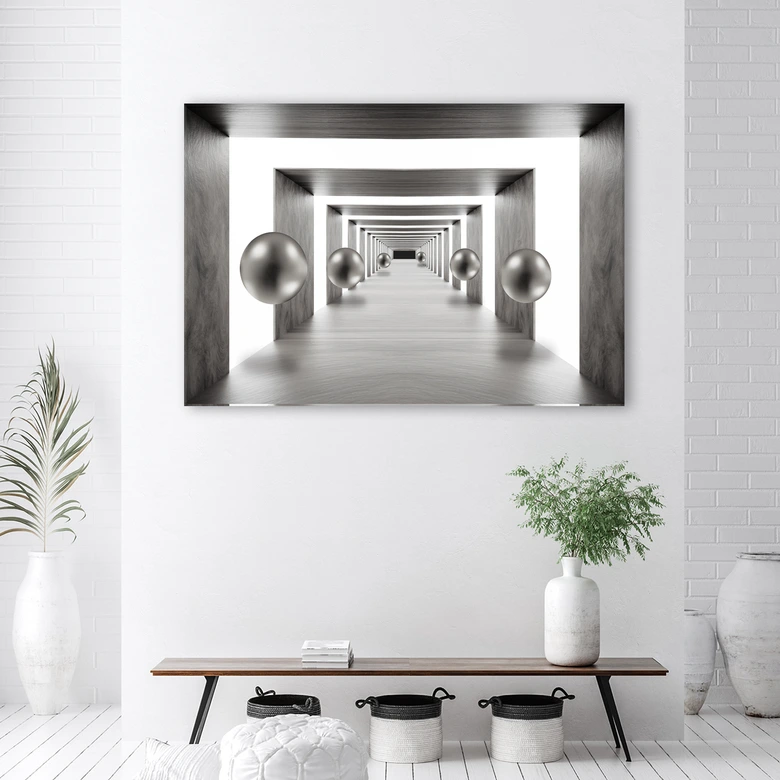 Leinwandbild, Tunnel Silber 3D Kugeln 