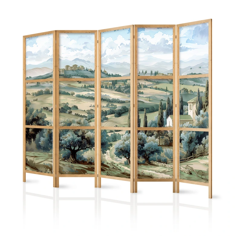 Japanischer Paravent, Raumteiler freistehend, Trennwand - Tuscan Landscape: Green Fields 