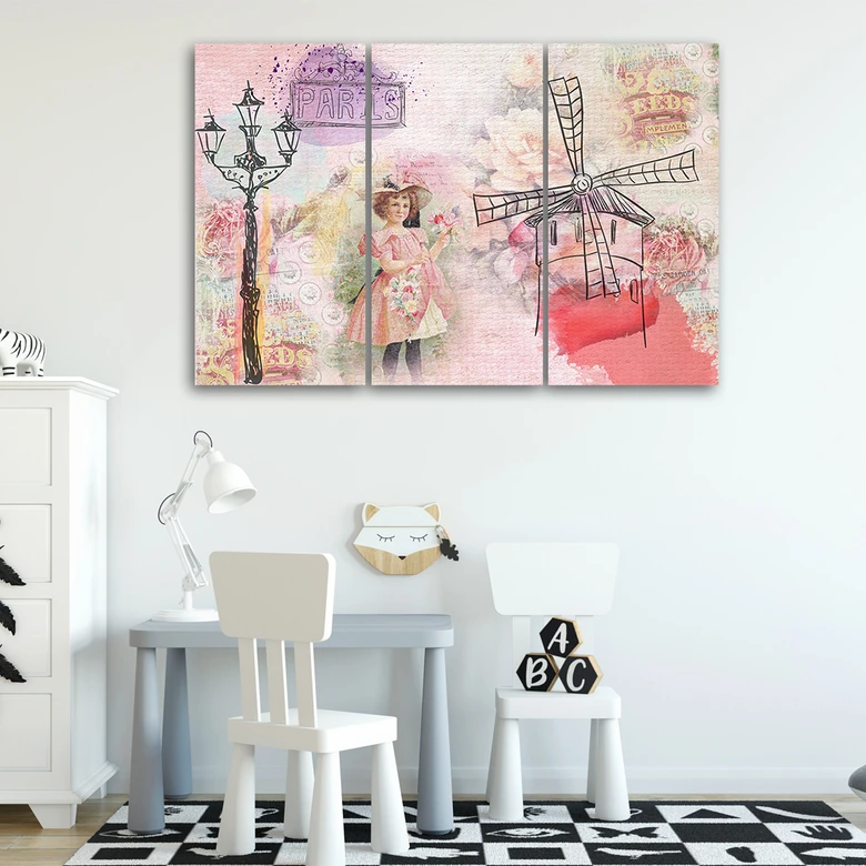 Leinwandbild 3-teilig, Paris Mädchen rosa 