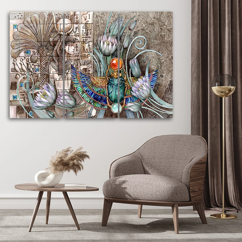 Leinwandbild 3 teilig, Ägyptische Hieroglyphen und Skarabäen 