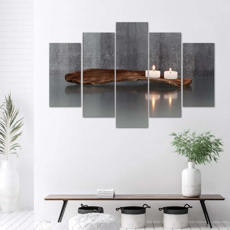 Leinwandbild 5 teilig, Zen Spa Kerze Holz 