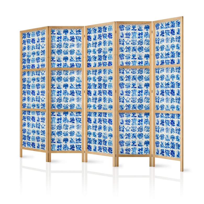 Japanischer Paravent, Raumteiler freistehend, Trennwand - Ceramic Tiles: Traditional Portuguese Blue 