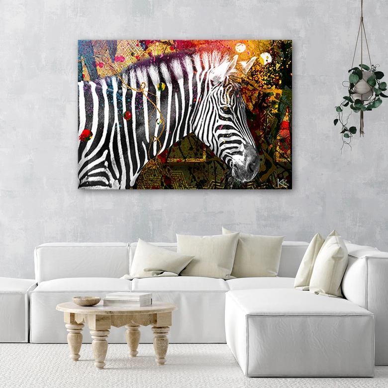 Canvasbillede, Zebra på farverig baggrund 