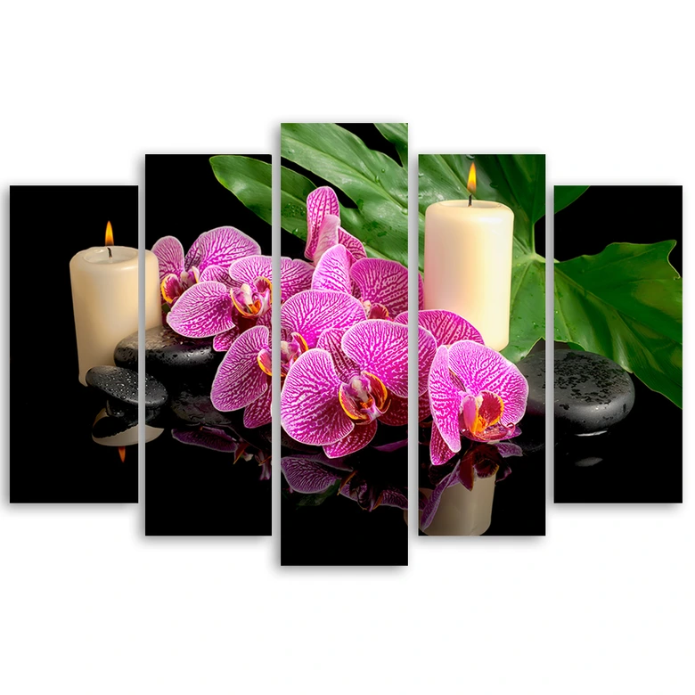 Leinwandbild 5 teilig, Orchidee Orchideen-Kerzen 