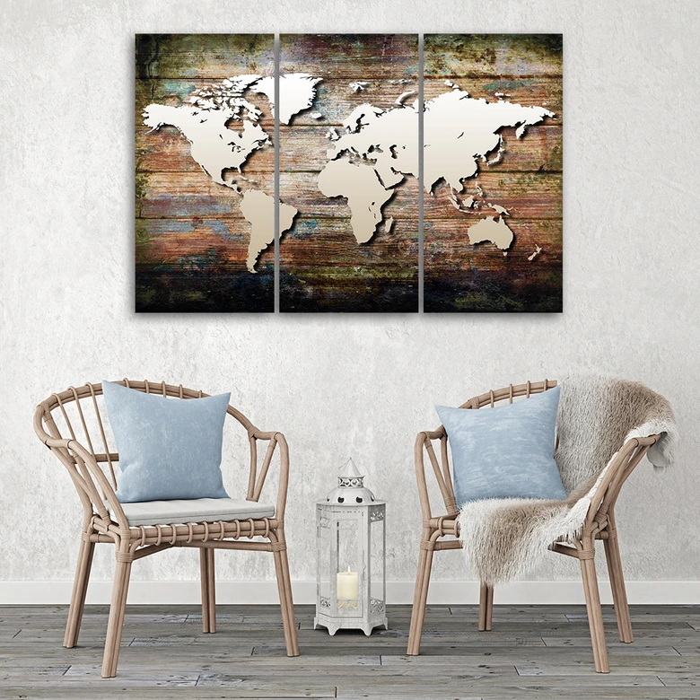 Leinwandbild 3-teilig, Weltkarte Vintage Shabby Chic 