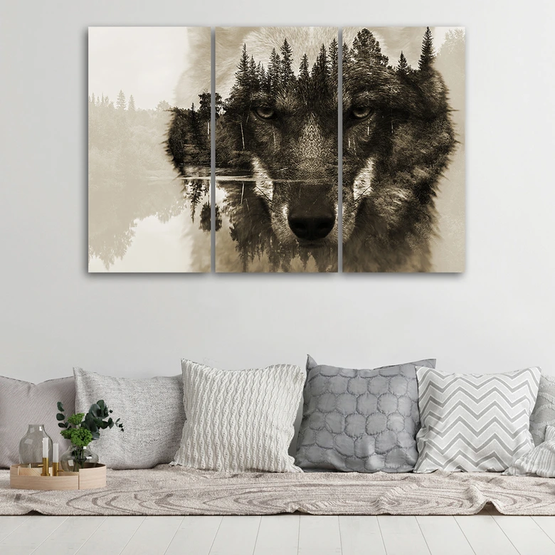 Leinwandbild 3-teilig, Wolf Tiere Schwarz Weiß 