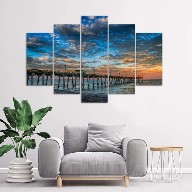 Leinwandbild 5 teilig, Sonnenuntergang Pier 