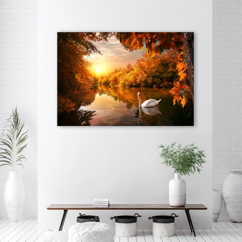 Leinwandbild, Schwan auf dem Teichherbst 