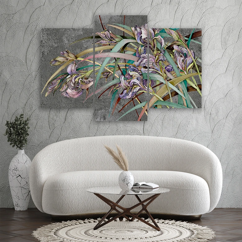 Leinwandbild 3 teilig, Iris Blumen im Wind 