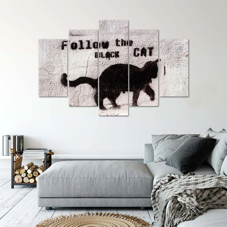 Leinwandbild 5 teilig, Schwarze Katze Textur Beton 