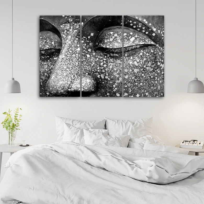 Leinwandbild 3-teilig, Buddha Schwarz Weiß 