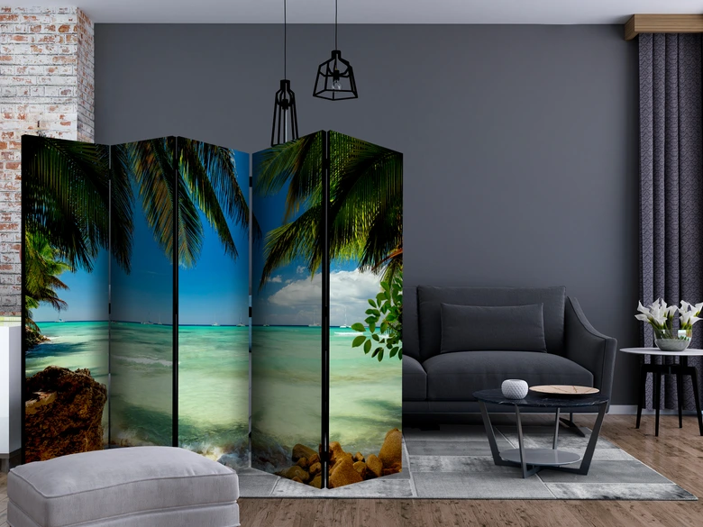 Paravent Séparation de pièce - Détente à la plage , 5 pièces - 225x172 cm 