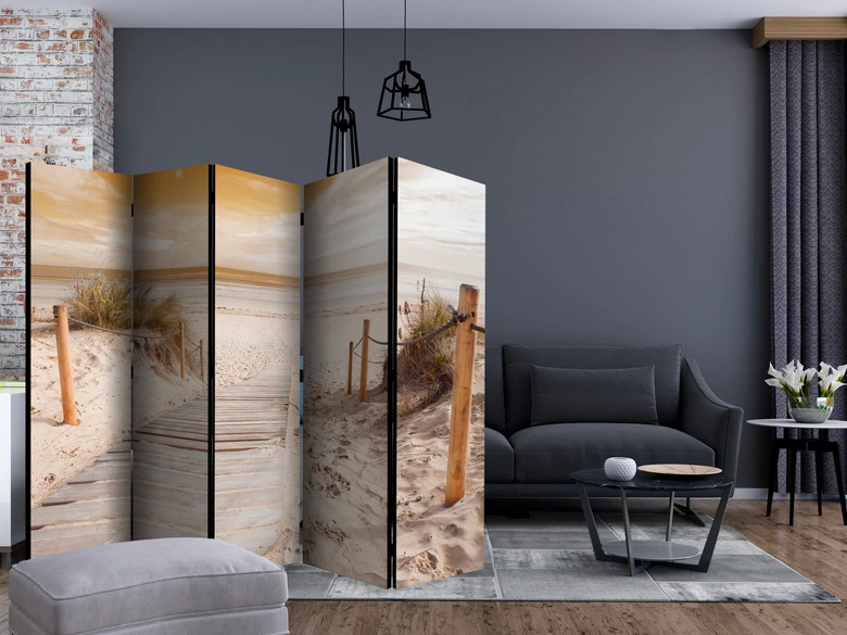 Kamerscherm - Op het strand - sepia, 5-delig - 225x172 cm 