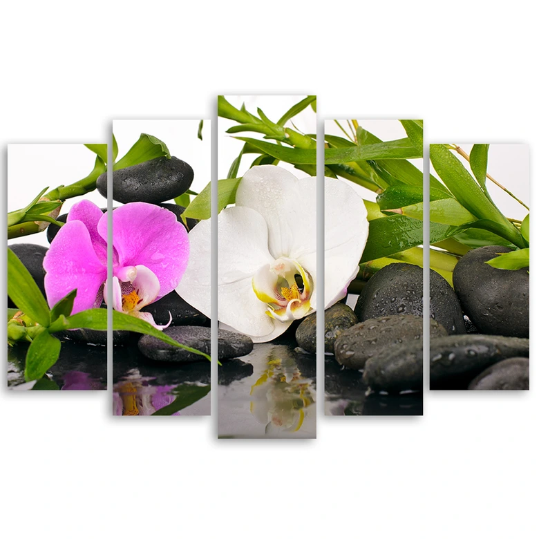 Wandbild 5-teilig, Zen Blumen Bambus Stein 
