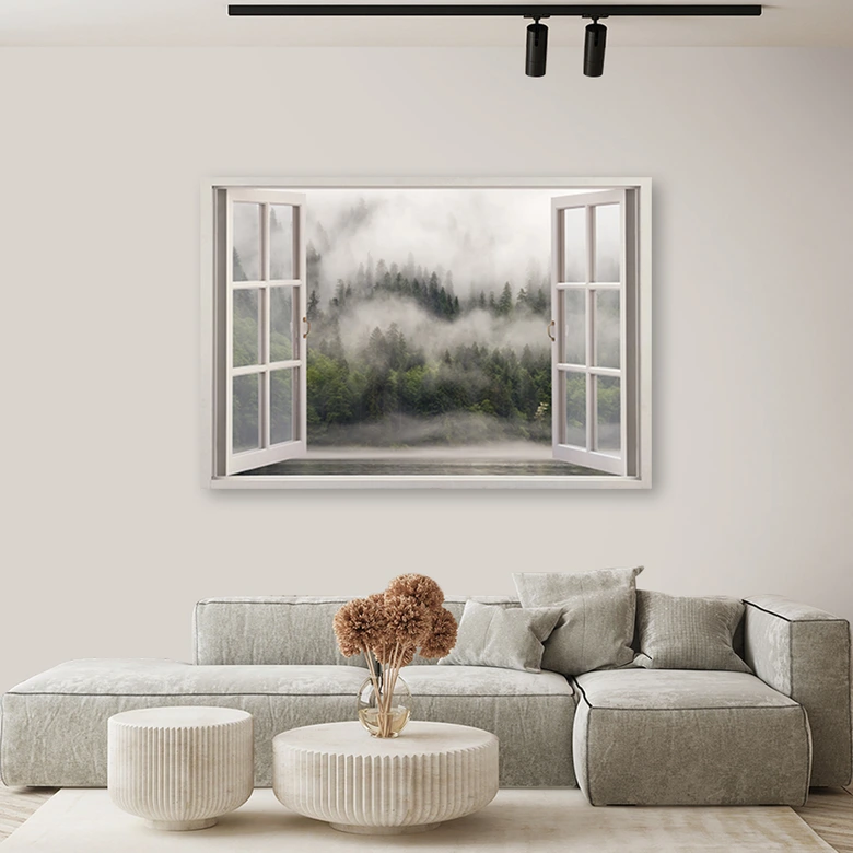 Leinwandbild, Fensterblick Wald im Nebelsee 