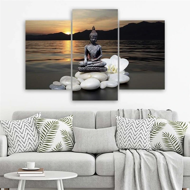 Leinwandbild 3-teilig, Buddha Zen Spa Sonnenuntergang 
