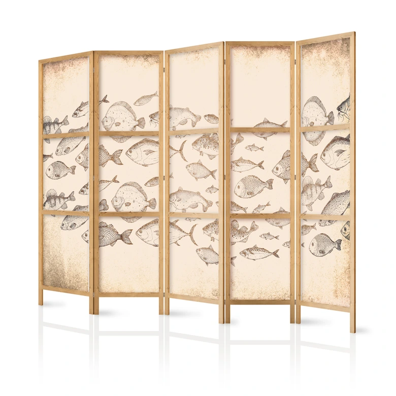 Japanischer Paravent, Raumteiler freistehend, Trennwand - Sketch of School of Fish 