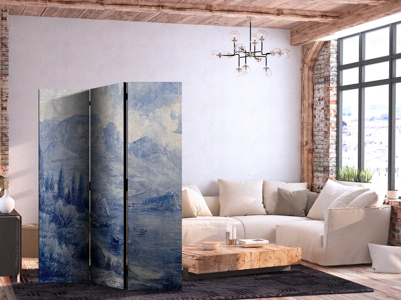 Paravent, Raumteiler freistehend, Trennwand - Italian Landscape - Lake Como Painted in Shades of Blue 
