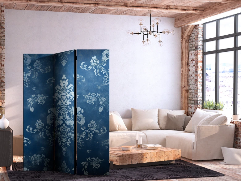 Paravent, Raumteiler freistehend, Trennwand - Retro Ornament - Decorative Motif in Rubbed Blues 