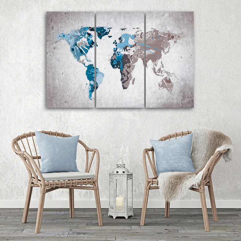 Leinwandbild 3-teilig, Weltkarte Türkis  