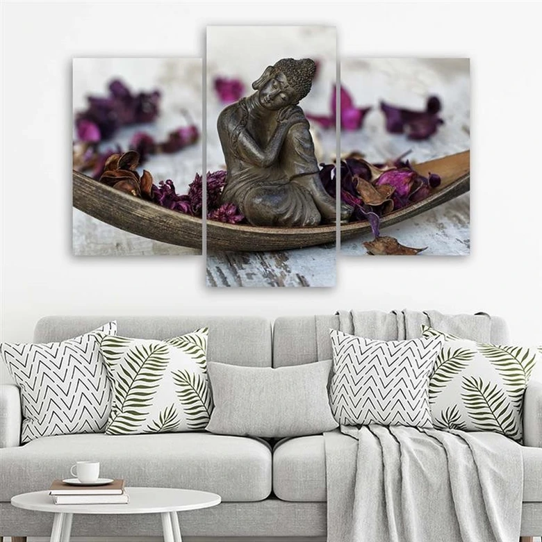 Leinwandbild 3-teilig, Buddha Zen Blumen Violett 