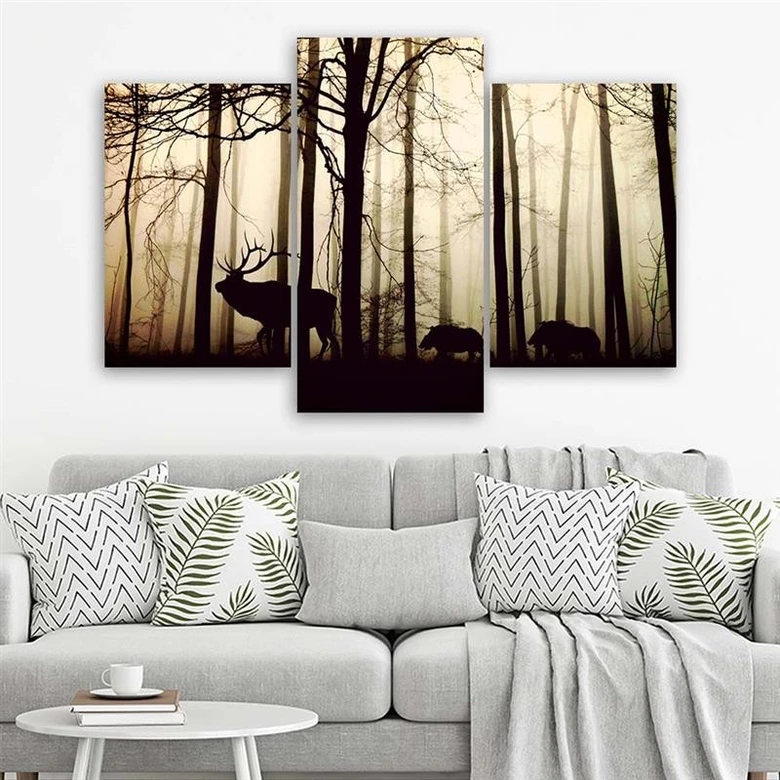 Leinwandbild 3-teilig, Wald Hirsche Tiere Natur 