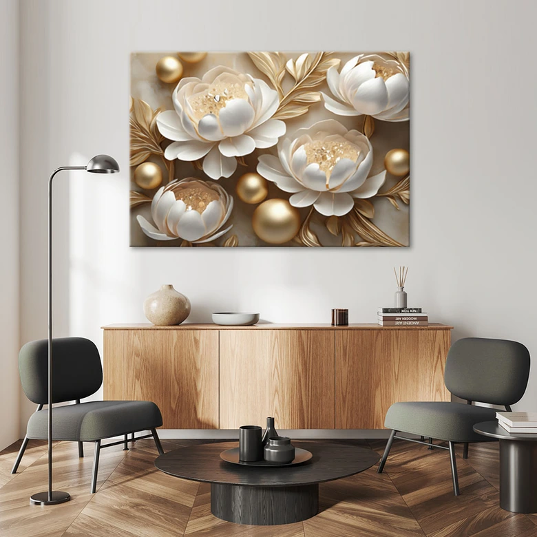 Leinwandbild 3D-Gold-Glamour-Blumen 
