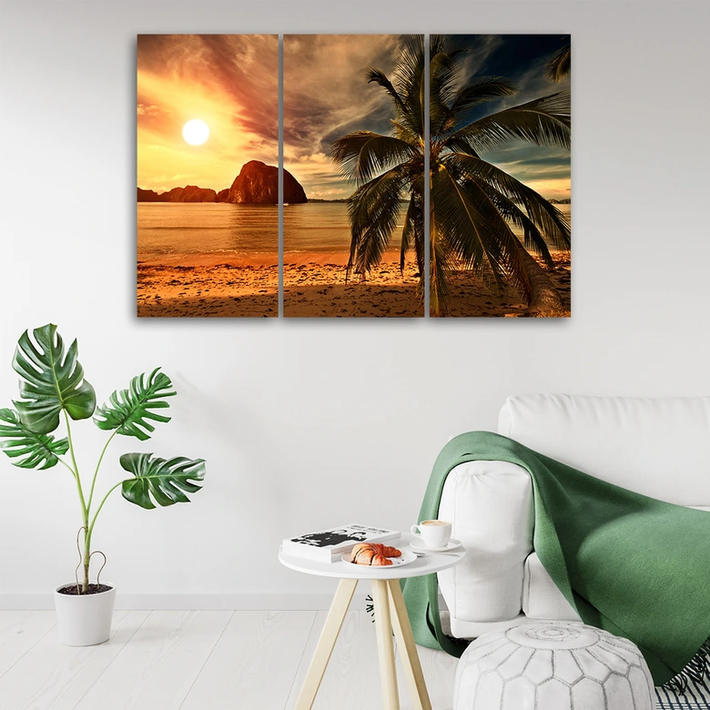 Leinwandbild 3-teilig, Meer Sonnenuntergang Palmen 