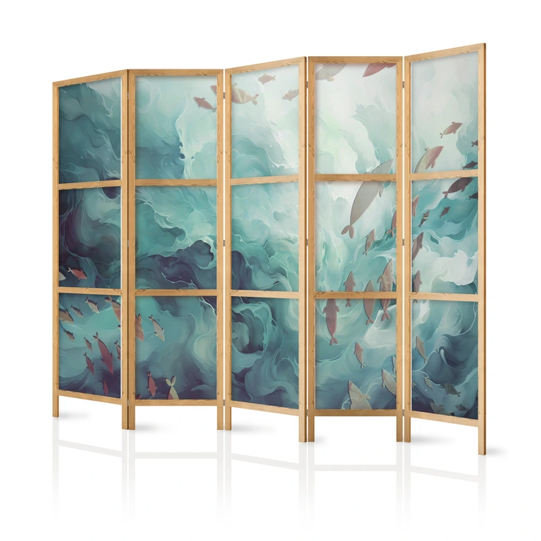 Japanischer Paravent, Raumteiler freistehend, Trennwand - Escaping Fish in Muted Colors Among Ocean Depths 