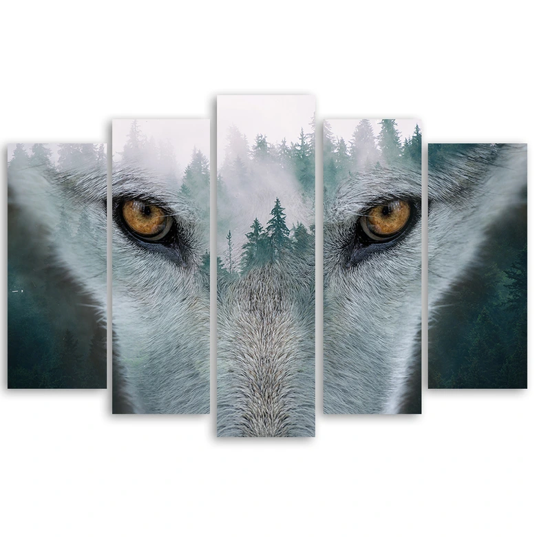 Wandbild 5-teilig, Wolf Wald Nebel Natur Bäume 