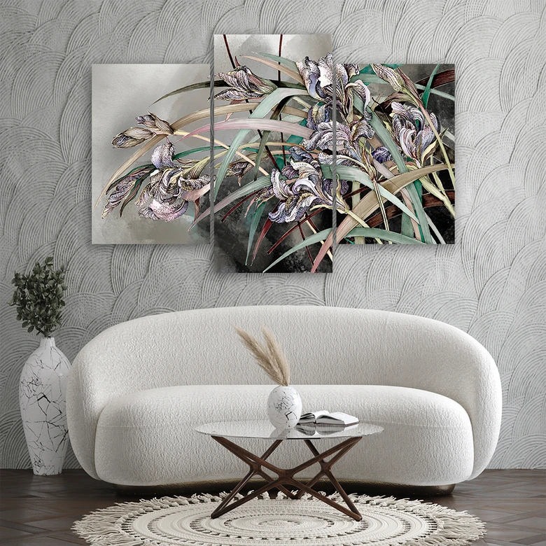 Leinwandbild 3 teilig, Iris Blumen im Wind 