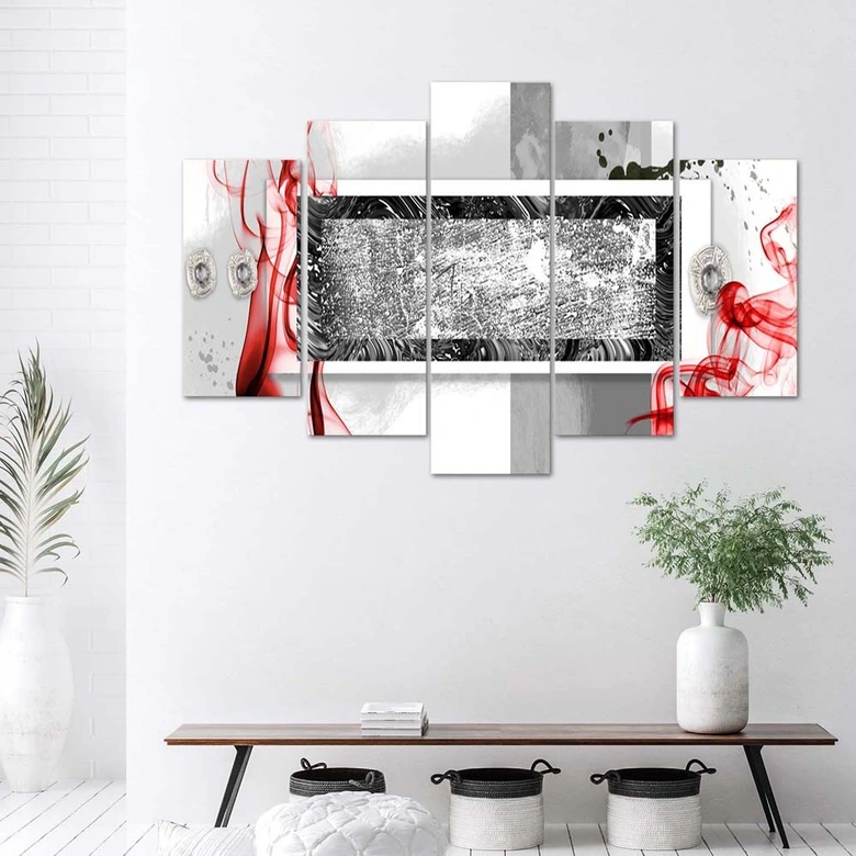Leinwandbild 5 teilig, Abstrakt Grau Rot 