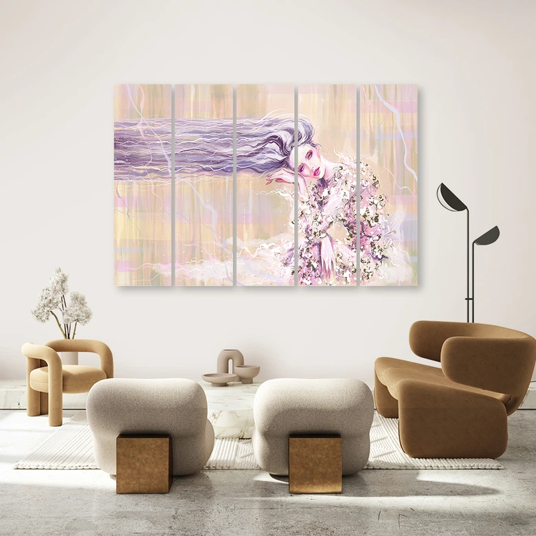 Impression sur toile en 5 parties, Une femme aux cheveux longs 