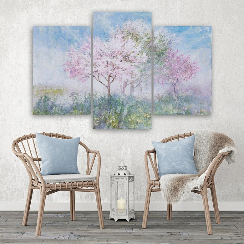 Leinwandbild 3 teilig, Ein blühender Baum in der Wiese 